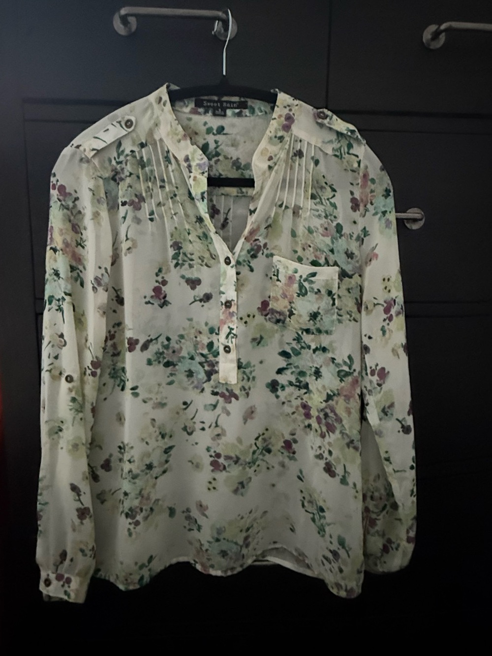 Sweet Rain Cream Floral Pintuck Henley Blouse with Green & Pink Accents